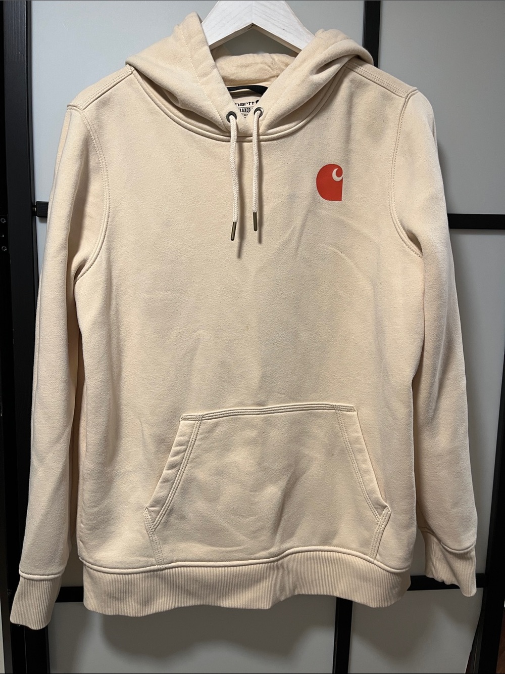 Carhartt Men's Relaxed Fit Graphic Logo Pullover Hoodie Cream Size L